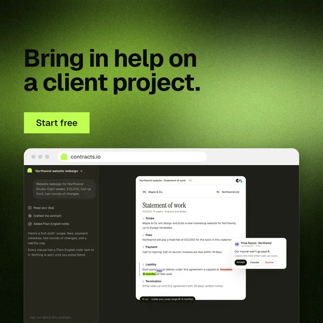 Instagram post for contracts.io: "Bring in help on a client project." Swiss style, browser layout, dark palette in green, black.