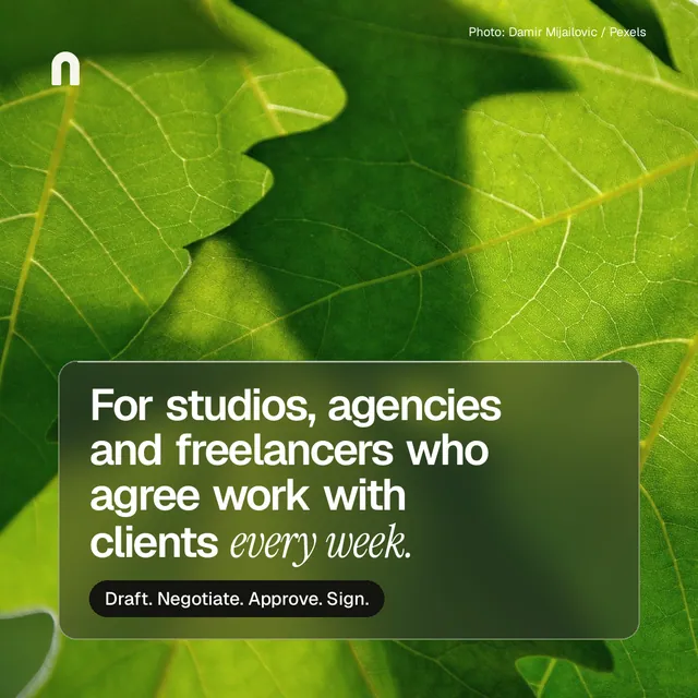 Instagram post for contracts.io: "For studios, agencies and freelancers who agree work with clients every week." Glass style, technique:pexels ingredient layout, dark palette in green.