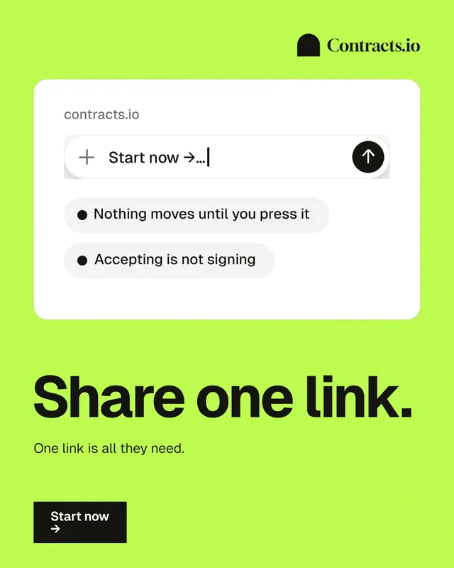 Instagram portrait post for contracts.io: "Share one link." Swiss style, bottom layout, light palette in green, white.