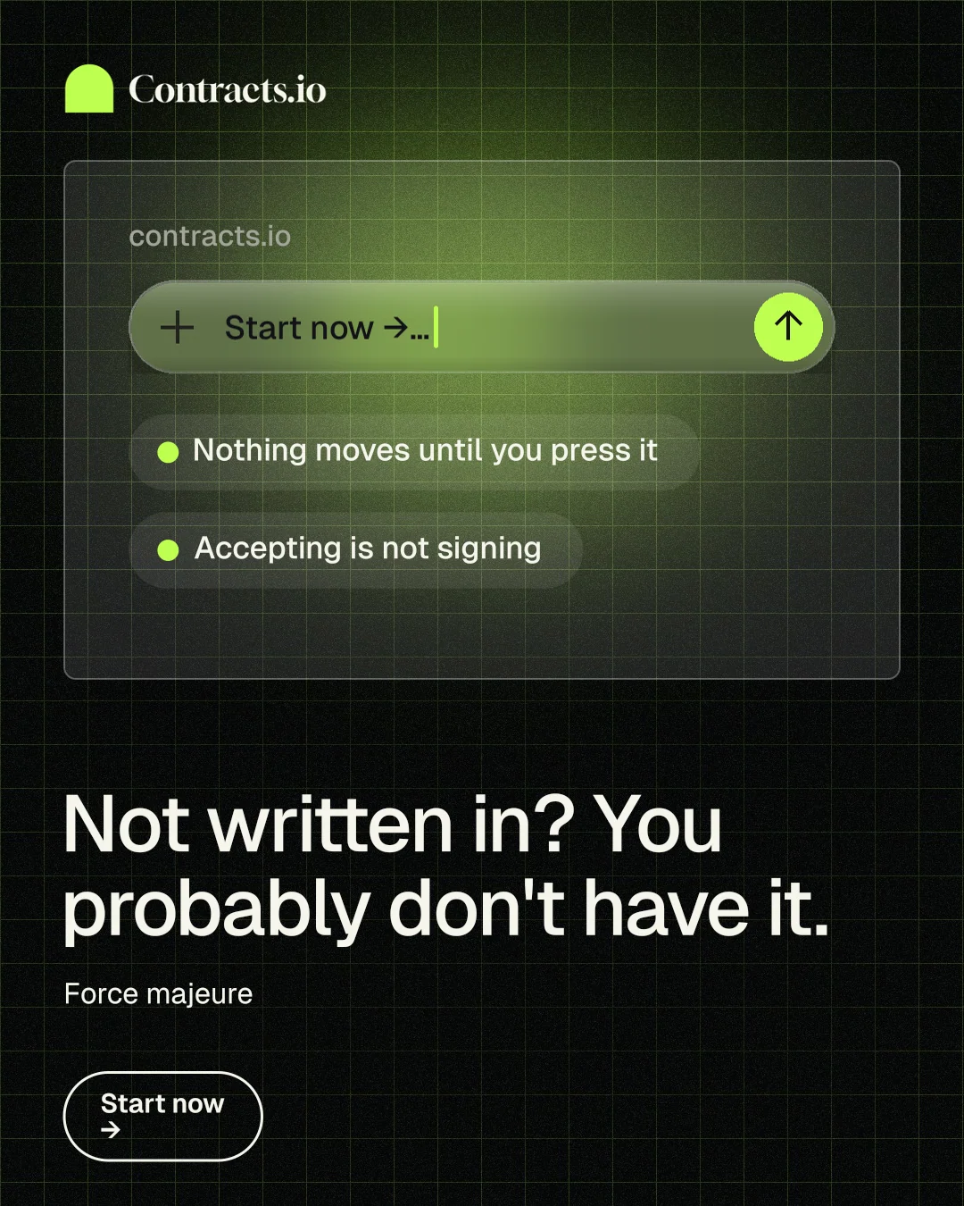 Instagram portrait post for contracts.io: "Not written in? You probably don't have it." Phosphor atlas style, bottom layout, dark palette in black, green.