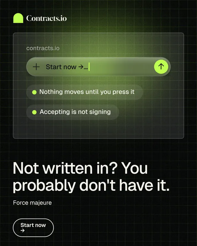Instagram portrait post for contracts.io: "Not written in? You probably don't have it." Phosphor atlas style, bottom layout, dark palette in black, green.