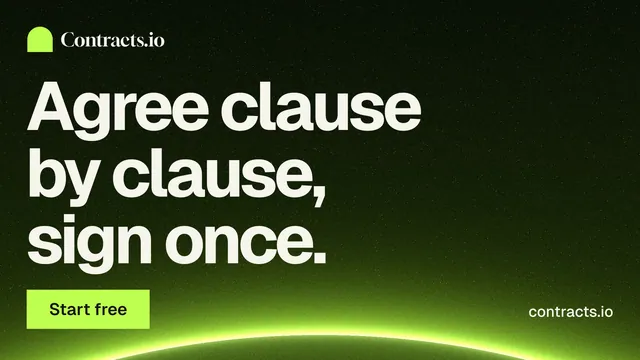 Landscape graphic for contracts.io: "Agree clause by clause, sign once." Swiss style, poster layout, dark palette in black, green.