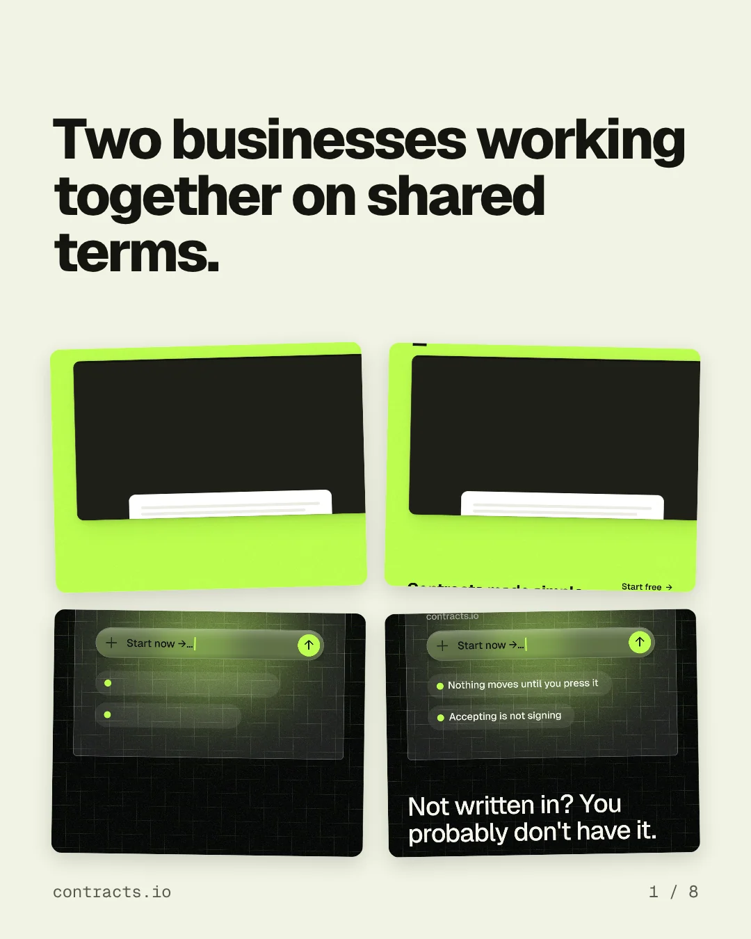 Carousel for contracts.io: "Two businesses working together on shared terms.". Collection carousel, 8 slides, light palette.