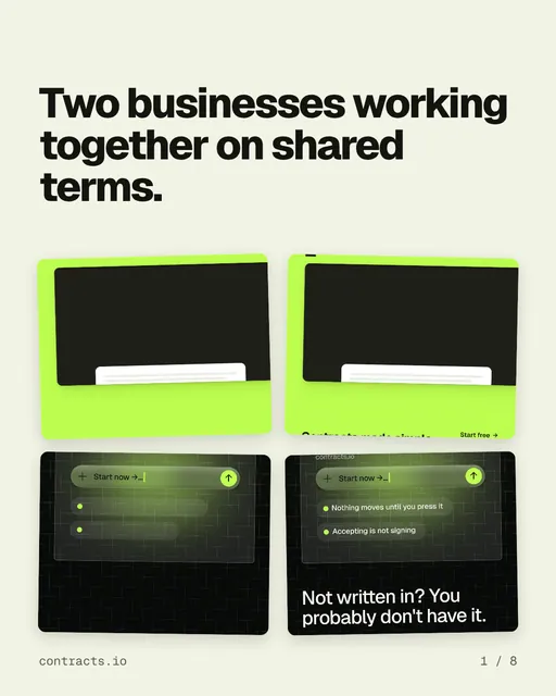 Carousel for contracts.io: "Two businesses working together on shared terms.". Collection carousel, 8 slides, light palette.
