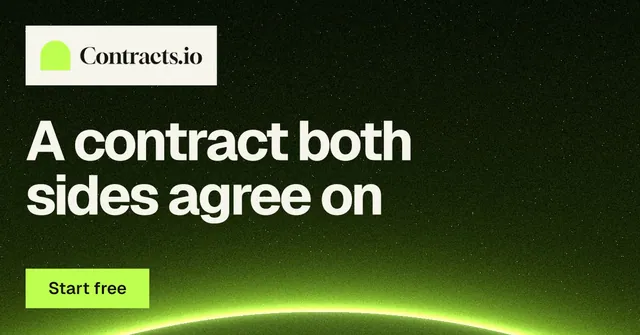 Social ad for contracts.io: "A contract both sides agree on". Swiss style, announce layout, dark palette in black, green.