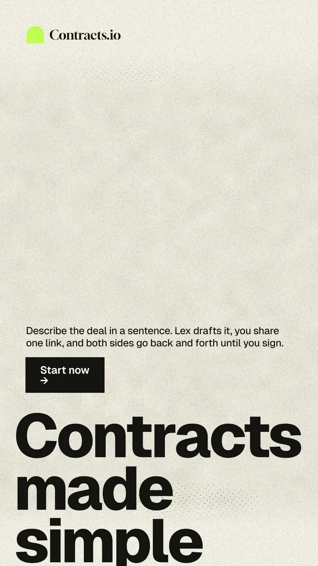 Instagram story for contracts.io: "Contracts made simple." Ink sticker style, oversized layout, light palette in yellow, grey.