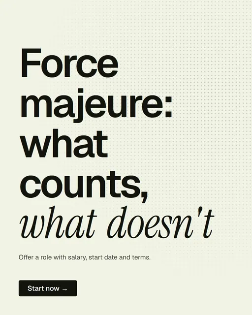 Video for contracts.io: "Force majeure: what counts, what doesn't". Doc motion loop, 8.0 s, light palette.