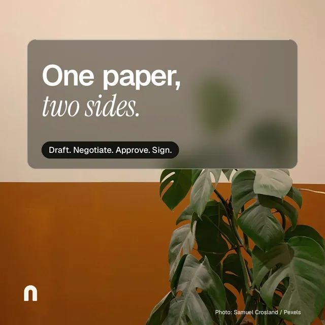 Instagram post for contracts.io: "One paper, two sides." Glass style, technique:pexels ingredient layout, light palette in orange, grey.