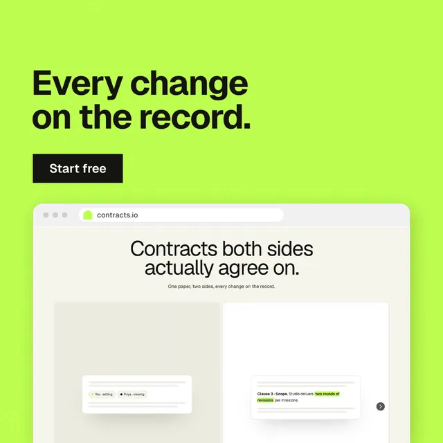 Instagram post for contracts.io: "Every change on the record." Swiss style, browser layout, light palette in green.