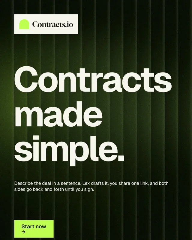 Instagram portrait post for contracts.io: "Contracts made simple." Swiss style, announce layout, dark palette in green, black.
