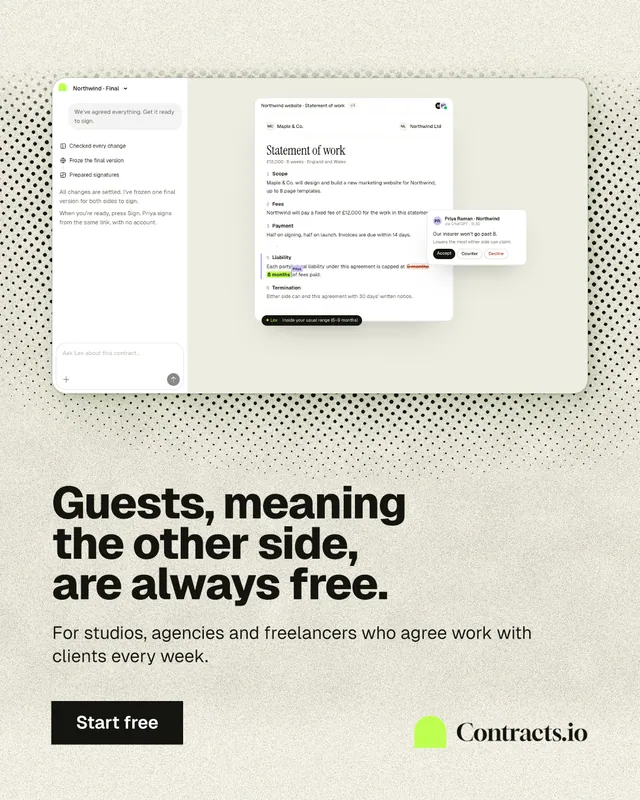 Instagram portrait post for contracts.io: "Guests, meaning the other side, are always free." Ink sticker style, bottom layout, light palette in yellow, grey, white.