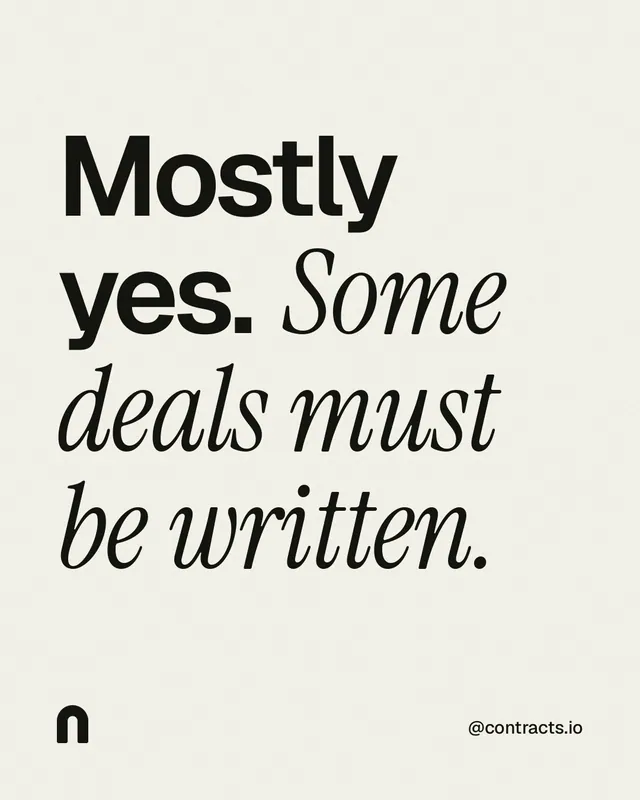 Instagram portrait post for contracts.io: "Mostly yes. Some deals must be written." Editorial style, technique:mixed type lockup layout, light palette in white, grey.