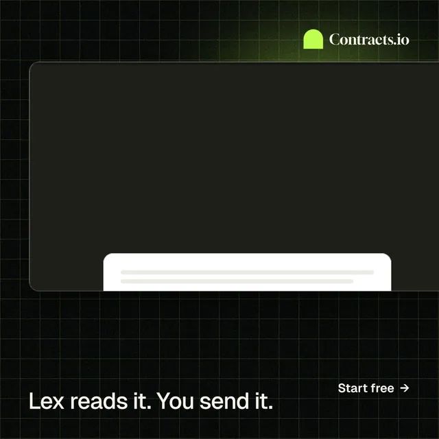 Instagram post for contracts.io: "Lex reads it. You send it." Phosphor atlas style, image led layout, dark palette in black, grey.