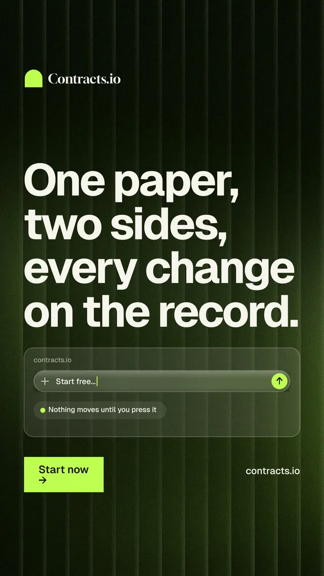 Instagram story for contracts.io: "One paper, two sides, every change on the record." Swiss style, poster layout, dark palette in black, green, grey.