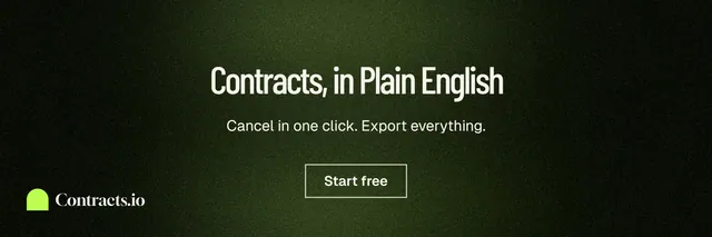 X header for contracts.io: "Contracts, in Plain English". Dark deco style, centred layout, dark palette in black, green.