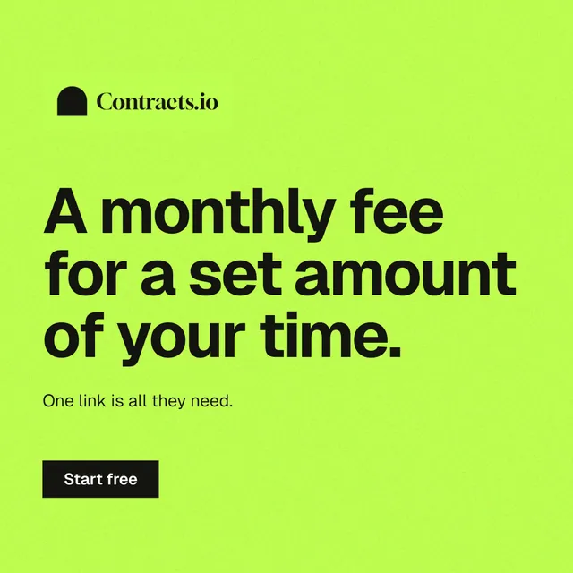 Instagram post for contracts.io: "A monthly fee for a set amount of your time." Swiss style, announce layout, light palette in green.