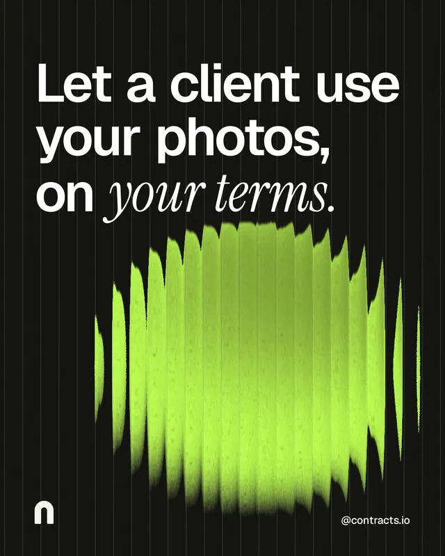Instagram portrait post for contracts.io: "Let a client use your photos, on your terms." Auto 4x5 style, technique:shader field layout, dark palette in black, green.