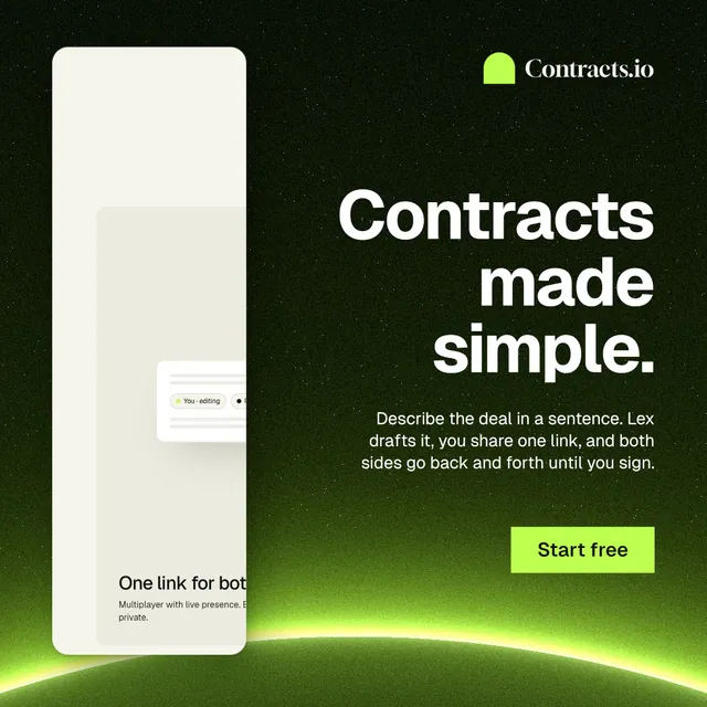 Instagram post for contracts.io: "Contracts made simple." Swiss style, right layout, dark palette in green, black.