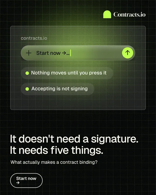 Instagram portrait post for contracts.io: "It doesn't need a signature. It needs five things." Phosphor atlas style, bottom layout, dark palette in black, grey, green.