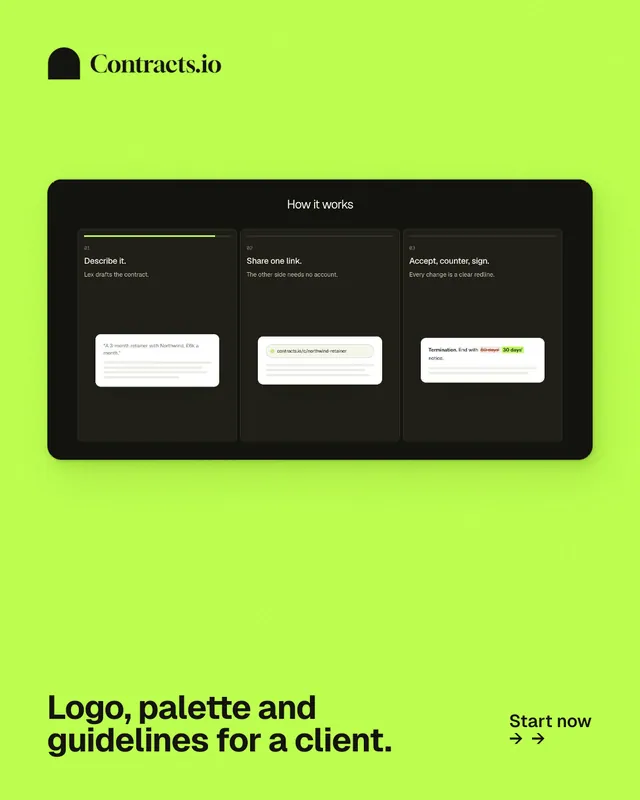 Instagram portrait post for contracts.io: "Logo, palette and guidelines for a client." Swiss style, image led layout, light palette in green, black.