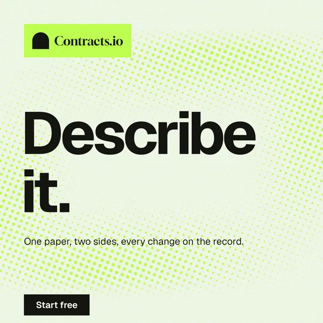 Instagram post for contracts.io: "Describe it." Swiss style, announce layout, light palette in white, green, grey.