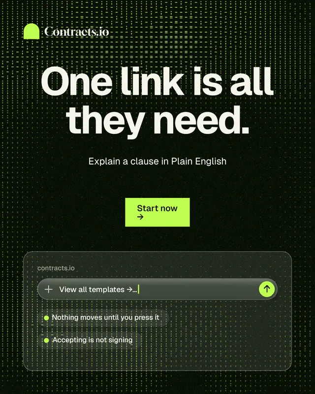 Instagram portrait post for contracts.io: "One link is all they need." Swiss style, centred layout, dark palette in black, grey.
