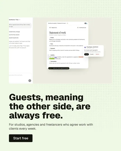 Video for contracts.io: "Guests, meaning the other side, are always free.". Doc motion loop, 8.0 s, light palette.