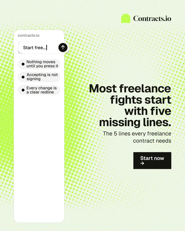 Instagram portrait post for contracts.io: "Most freelance fights start with five missing lines." Swiss style, right layout, light palette in green, white, grey.