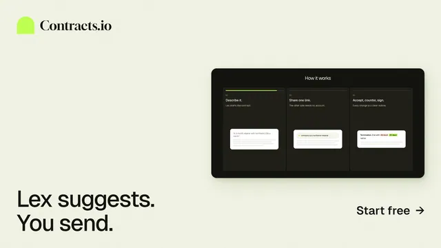 Landscape graphic for contracts.io: "Lex suggests. You send." Data card style, image led layout, light palette in white, grey.