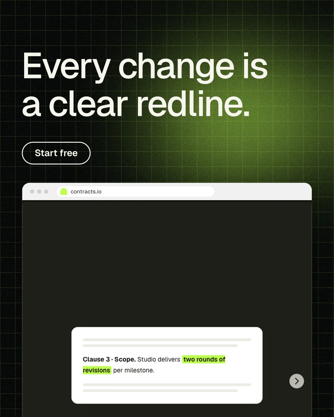 Instagram portrait post for contracts.io: "Every change is a clear redline." Phosphor atlas style, browser layout, dark palette in black, white, green.