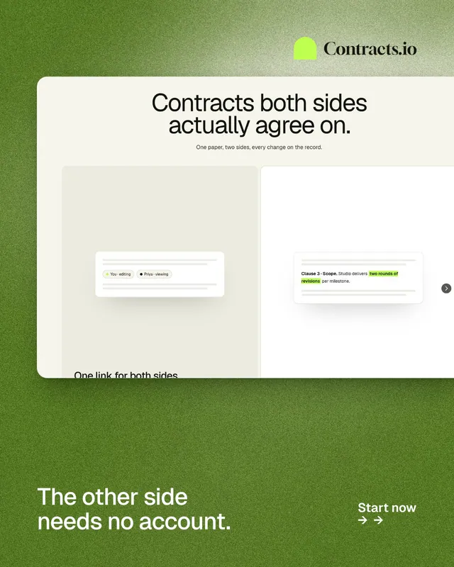 Instagram portrait post for contracts.io: "The other side needs no account." Cyanotype style, image led layout, light palette in white, green.