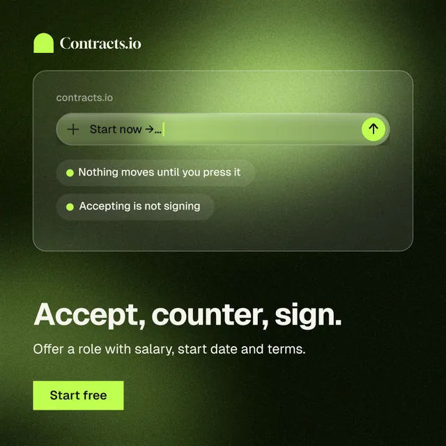 Instagram post for contracts.io: "Accept, counter, sign." Swiss style, bottom layout, dark palette in black, green.