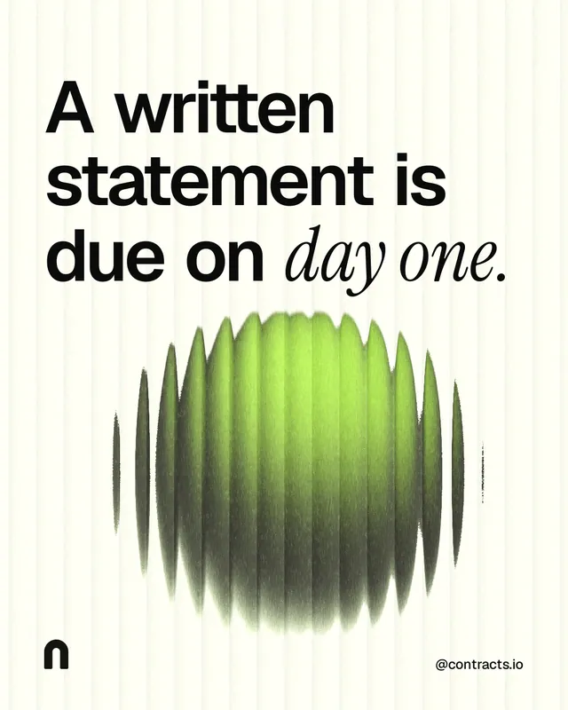Instagram portrait post for contracts.io: "A written statement is due on day one." Auto 4x5 style, technique:shader field layout, light palette in white, grey, green.