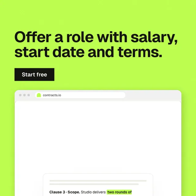 Instagram post for contracts.io: "Offer a role with salary, start date and terms." Swiss style, browser layout, light palette in white, green.