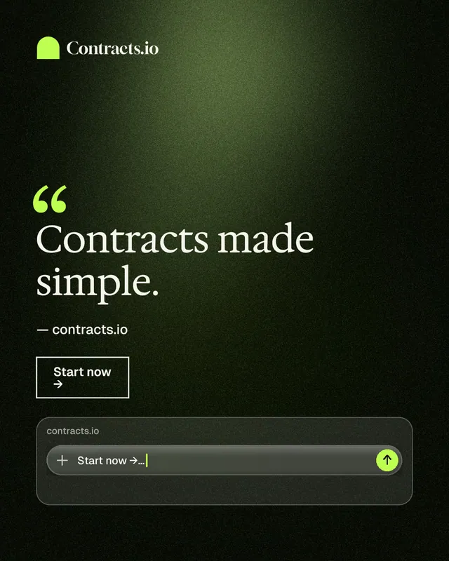 Instagram portrait post for contracts.io: "Contracts made simple." Dark deco style, quote layout, dark palette in green, black.