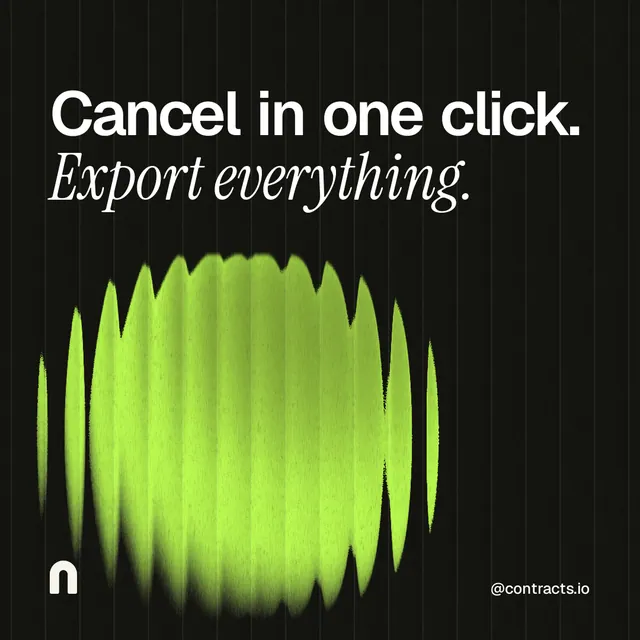 Instagram post for contracts.io: "Cancel in one click. Export everything." Auto 1x1 style, technique:shader field layout, dark palette in black, green.