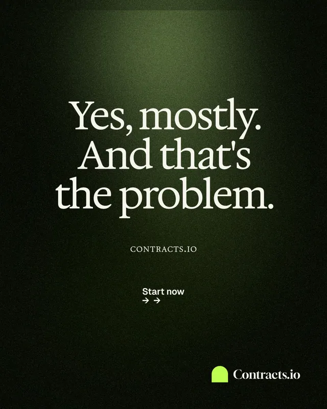 Instagram portrait post for contracts.io: "Yes, mostly. And that's the problem." Dark deco style, smallcaps layout, dark palette in black, grey.