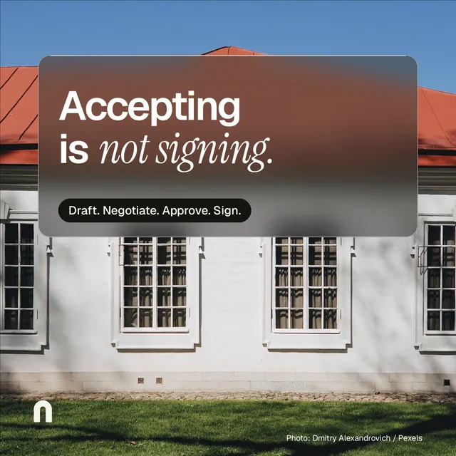 Instagram post for contracts.io: "Accepting is not signing." Glass style, technique:pexels ingredient layout, light palette in grey, black, red.