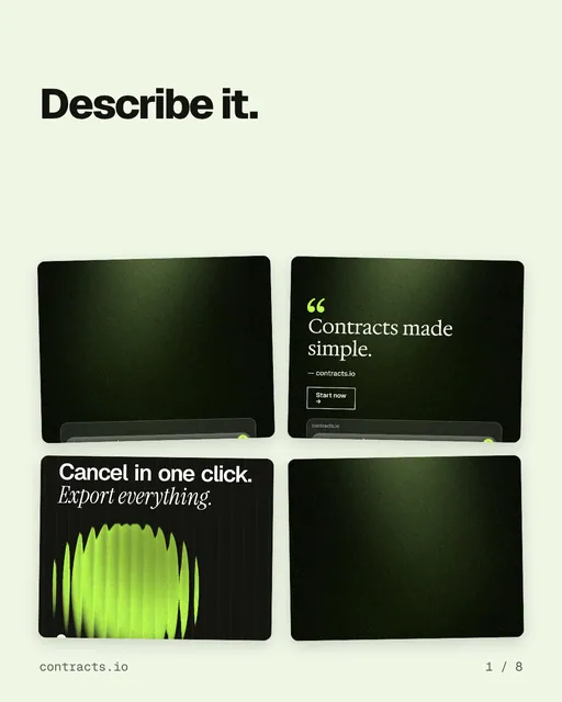 Carousel for contracts.io: "Describe it.". Collection carousel, 8 slides, light palette.
