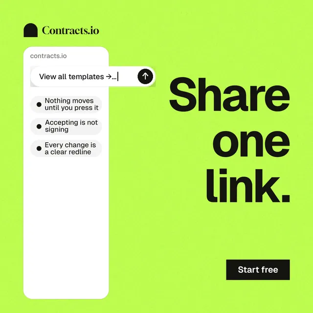 Instagram post for contracts.io: "Share one link." Swiss style, right layout, light palette in green.