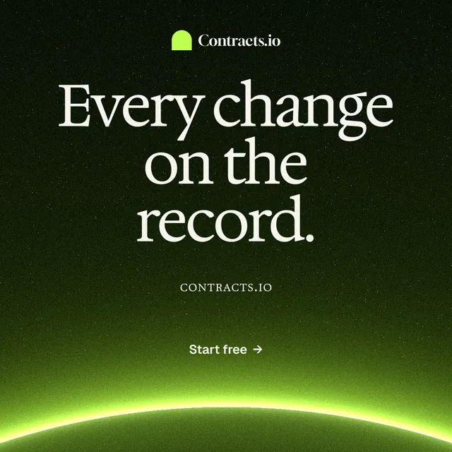 Instagram post for contracts.io: "Every change on the record." Swiss style, smallcaps layout, dark palette in green, black.