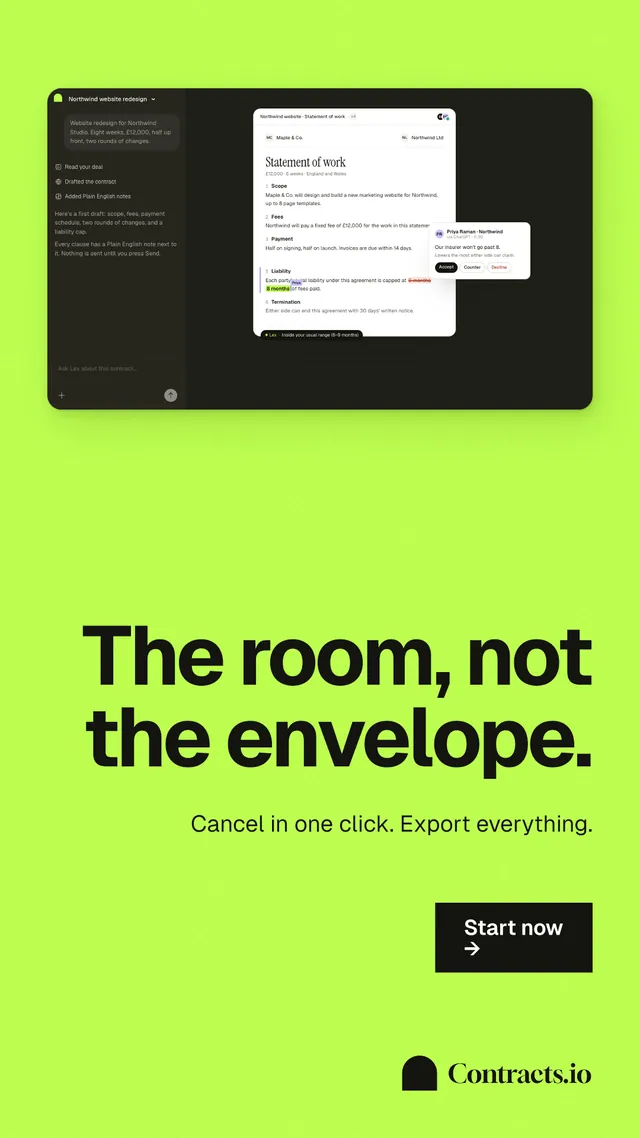 Instagram story for contracts.io: "The room, not the envelope." Swiss style, right layout, light palette in green.