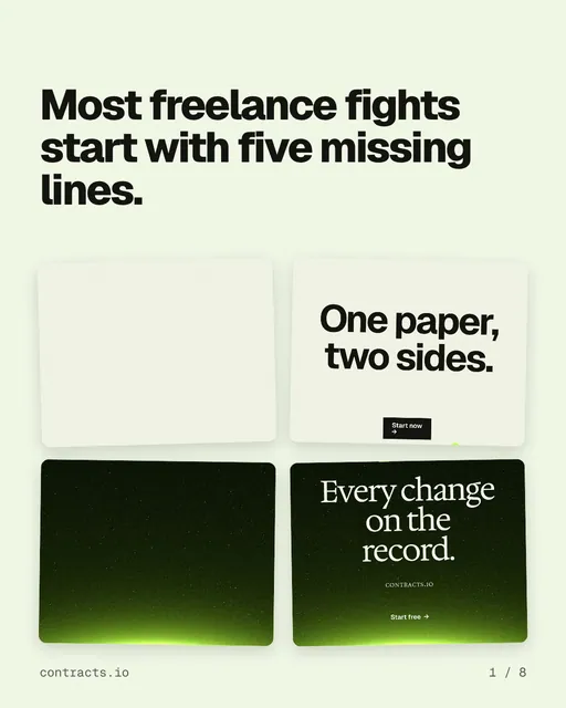 Carousel for contracts.io: "Most freelance fights start with five missing lines.". Collection carousel, 8 slides, light palette.