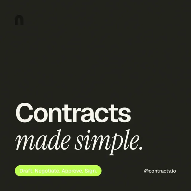 Instagram post for contracts.io: "Contracts made simple." Caption style, technique:mixed type lockup layout, dark palette in black, green.