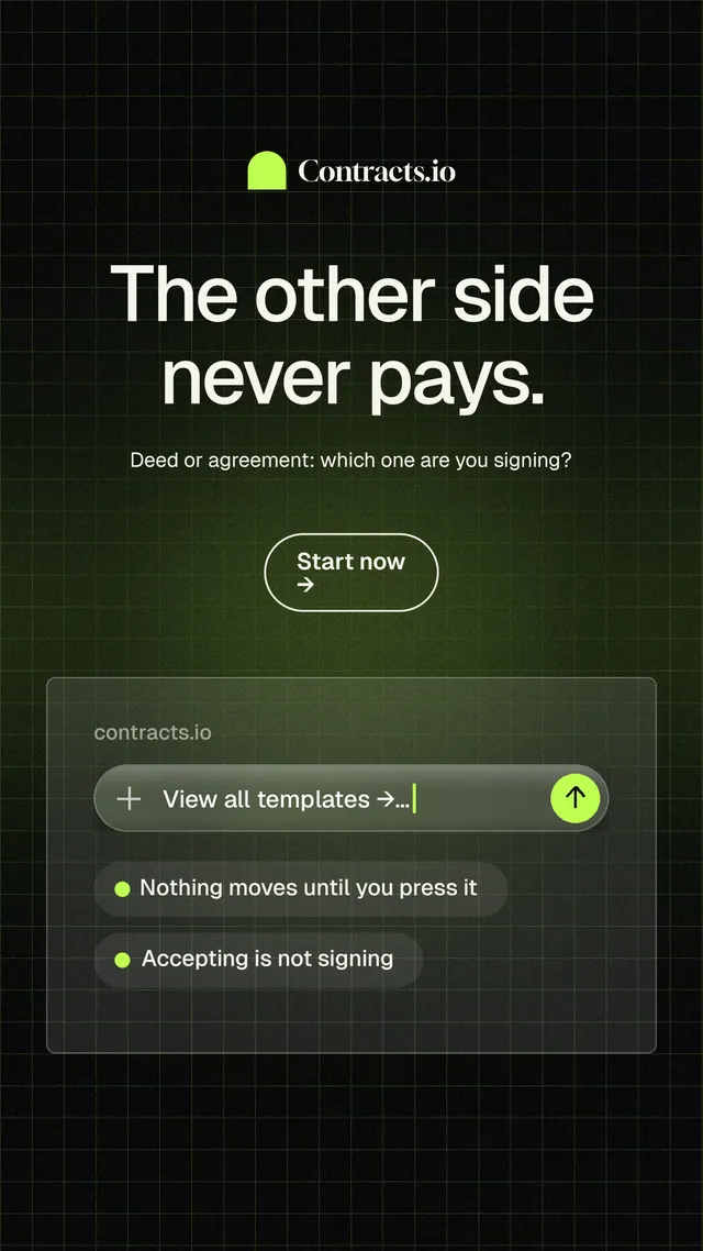Instagram story for contracts.io: "The other side never pays." Phosphor atlas style, centred layout, dark palette in green, black, grey.