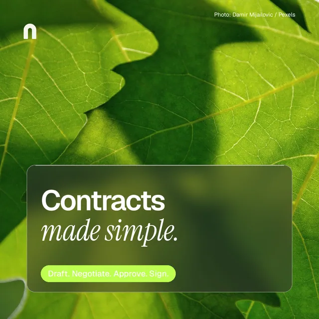 Instagram post for contracts.io: "Contracts made simple." Glass style, technique:pexels ingredient layout, dark palette in green.