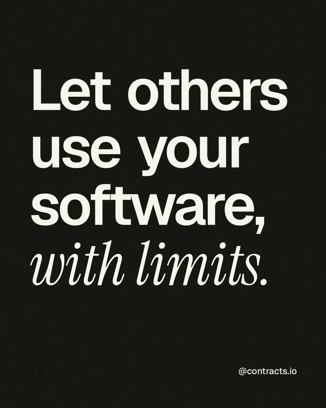Instagram portrait post for contracts.io: "Let others use your software, with limits." Editorial style, technique:mixed type lockup layout, dark palette in black, grey.