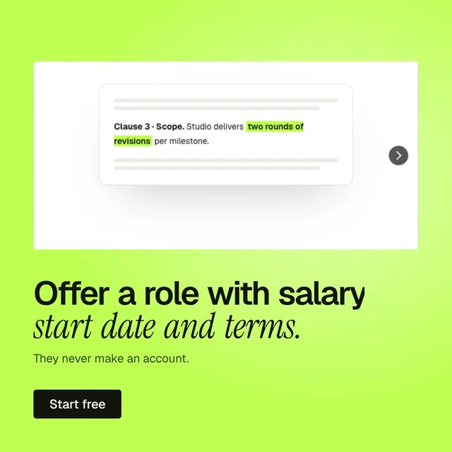 Video for contracts.io: "Offer a role with salary, start date and terms.". Kinetic type grid, 8.0 s, light palette.
