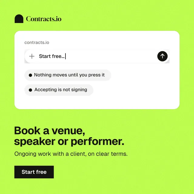 Instagram post for contracts.io: "Book a venue, speaker or performer." Swiss style, bottom layout, light palette in green, white.