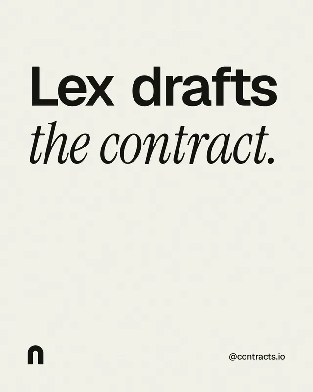 Instagram portrait post for contracts.io: "Lex drafts the contract." Editorial style, technique:mixed type lockup layout, light palette in white, grey.